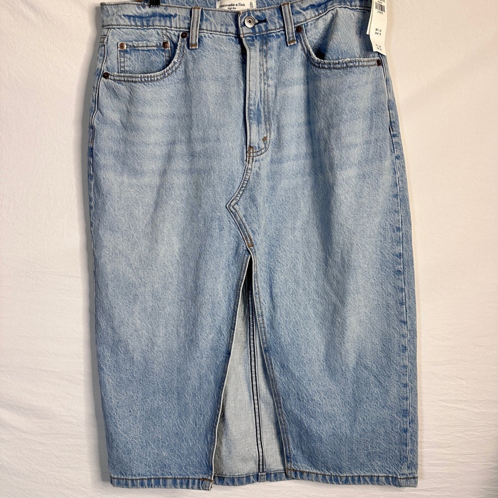 NWT Abercrombie & Fitch High Rise Denim Midi Skirt Light Wash Front Slit 31 12P